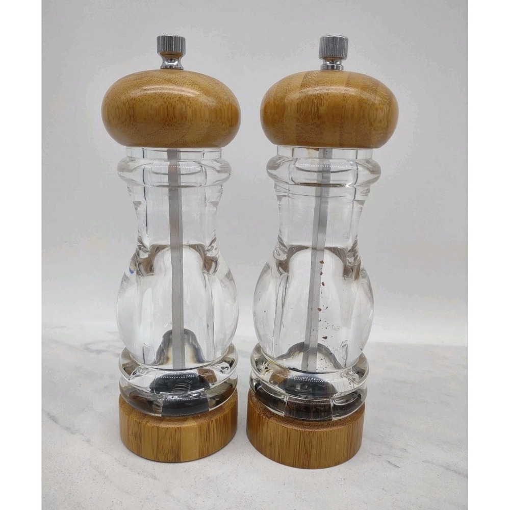 Vtg Olde Thompson Acrylic Lucite Wood Salt Pepper Mill Grinder Set USA